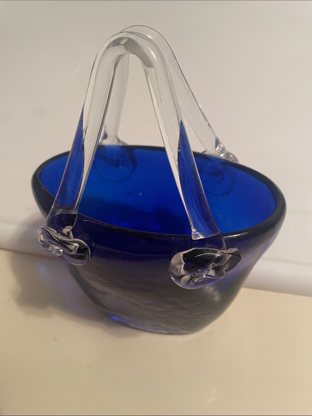 Handblown Cobalt Blue Glass Basket vase with Clear Handles